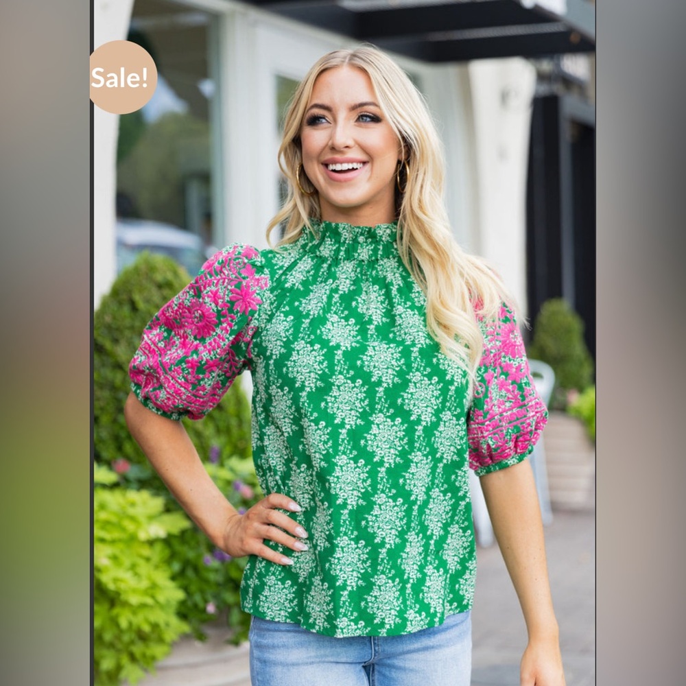 THML Floral Green and Pink Top SZ S